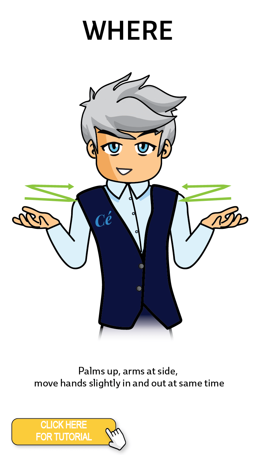 The Cérge character performing sign language for the word Where. The Keyword Sign instructions are: Palms up, arms at side, move hands slightly in and out at the same time.
